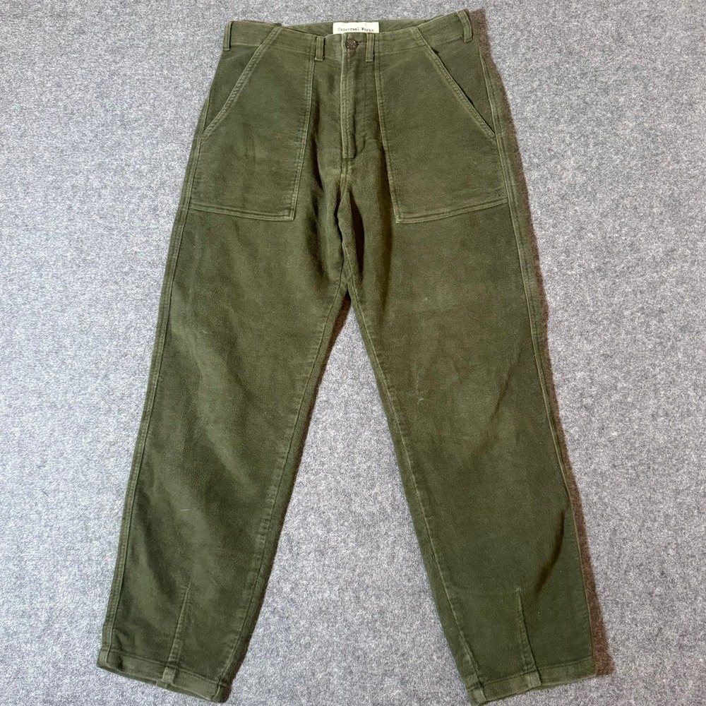 Universal Works Olive Green Moleskin Fatigue Pants Mens 28x29 Workwear Tapered